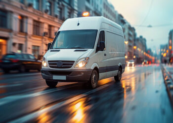 White commercial van driving down a city street for Commercial Auto Insurance services.